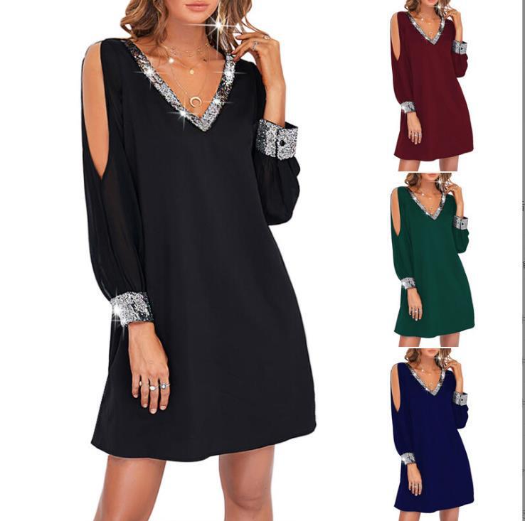 Amazon European and American Cross-border New Women's Solid Color Shoulder Sleeve Casual Fashion Deep V-Neck Sequin Stitching Dress