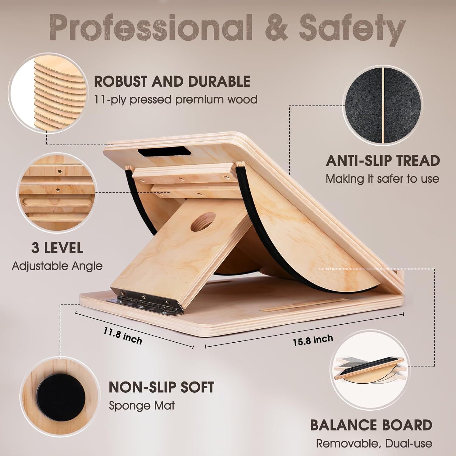 Tablero de refuerzo de madera de altura ajustable, estirador de pantorrillas delgadas de madera, deportes de fitness, pedal inclinado de madera maciza de pie