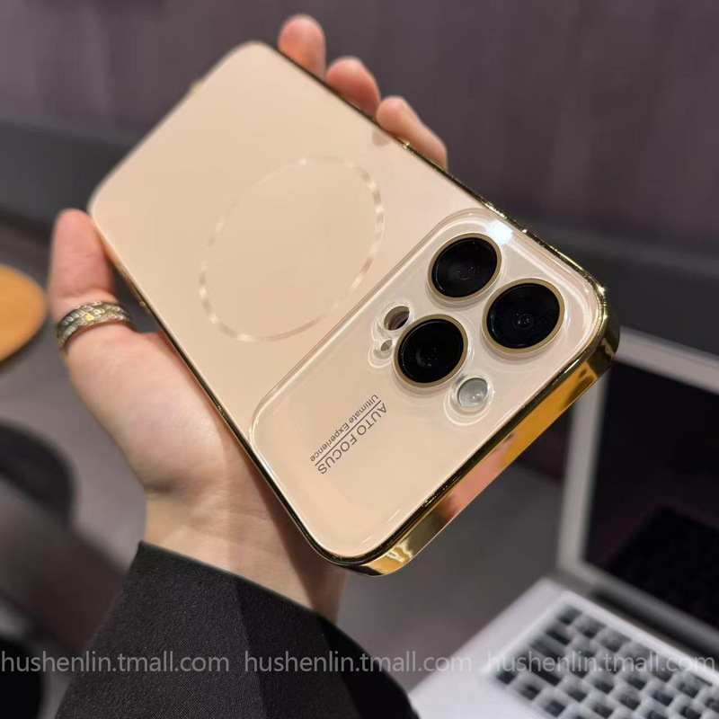 iPhone16promaxつや消しAG保護カバーに適した電気メッキオリジナルカラービッグウィンドウ細いサークル磁気携帯電話ケース|undefined