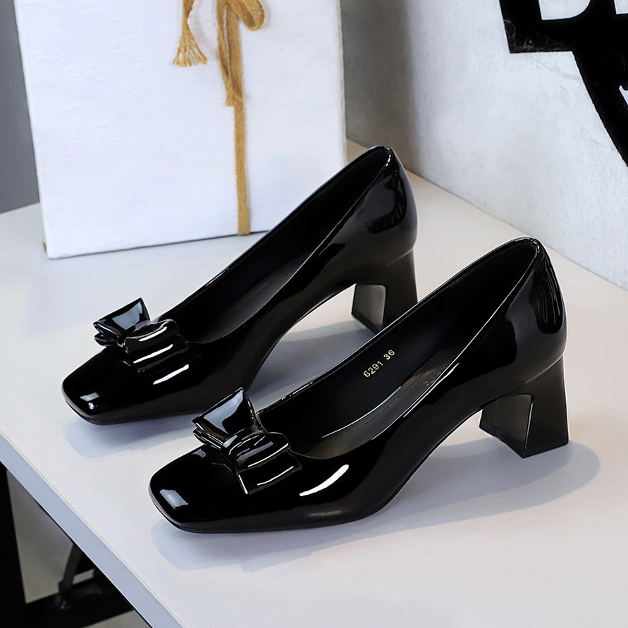 6291-H89 European American Style Banquet Square-toed Bowknot Shallow Single Shoes, Patent Leather Chunky Heel,_vogvips.com