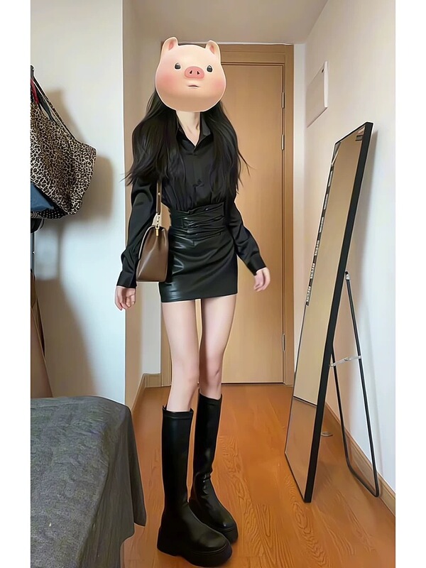 甜辣妹风感纯欲套装气质翻领长袖衬衫女春秋收腰pu皮裙两件套|undefined