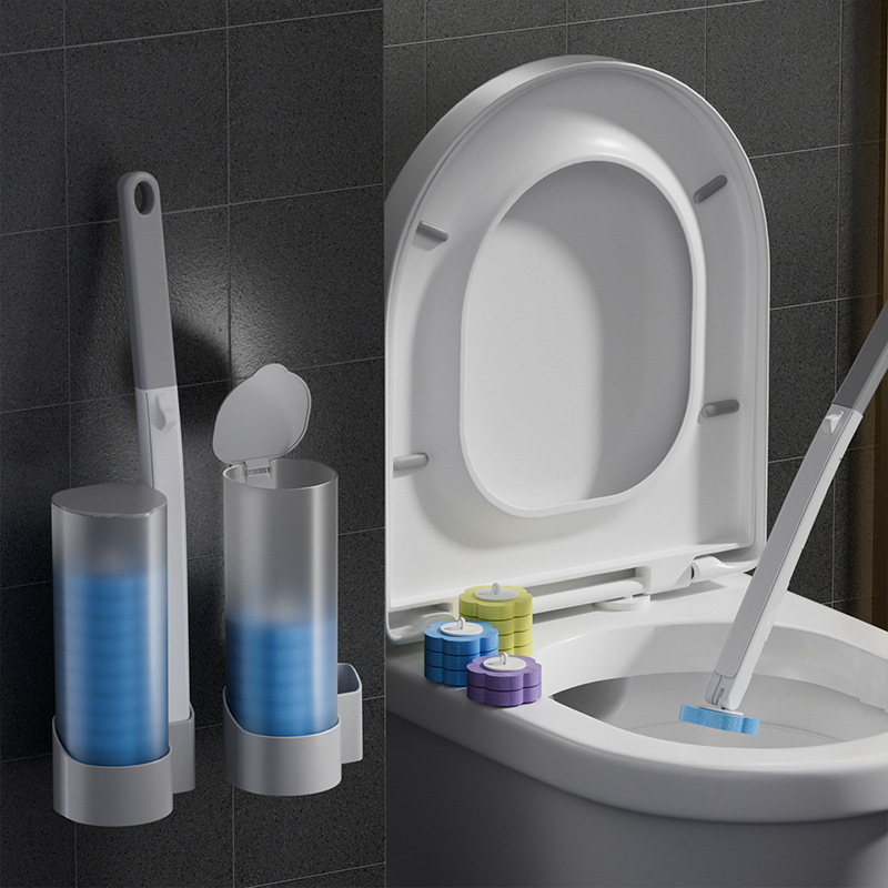 Disposable toilet brush for household use, replaceable brush head, dissolvable sponge head, wall-mounted toilet brush with no dead corners
