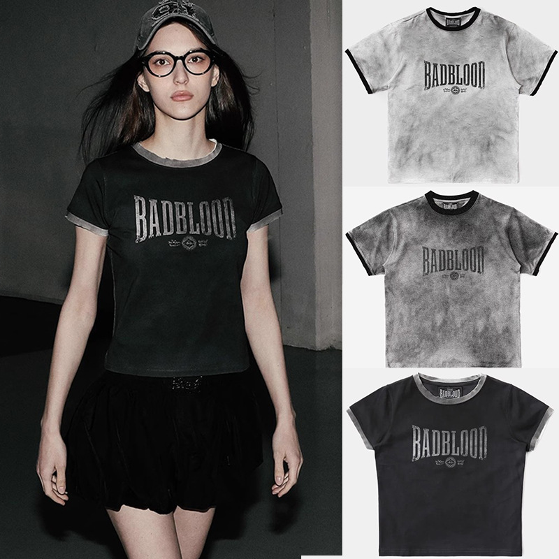 badblood American Style High Street Tie-Dye Short-Sleeved Top Wash Water-Used Crewneck Spice Girl Casual Sports Style T-Shirt for Summer