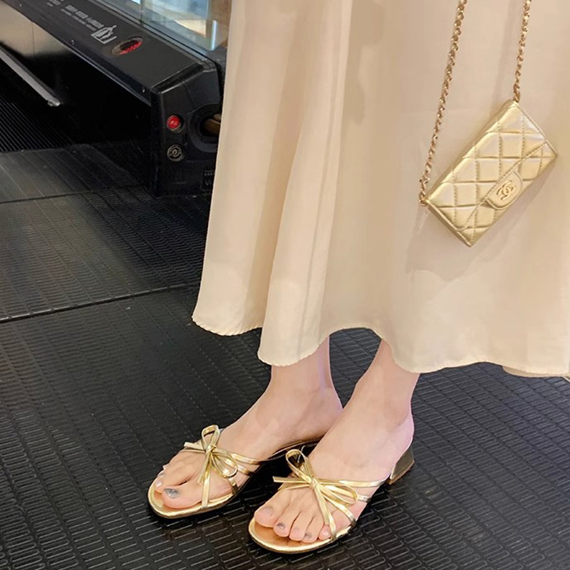 Madre de uva ~ arco dulce francés variedad de tacones gruesos de dedos descubiertos zapatillas romanas de verano para mujeres