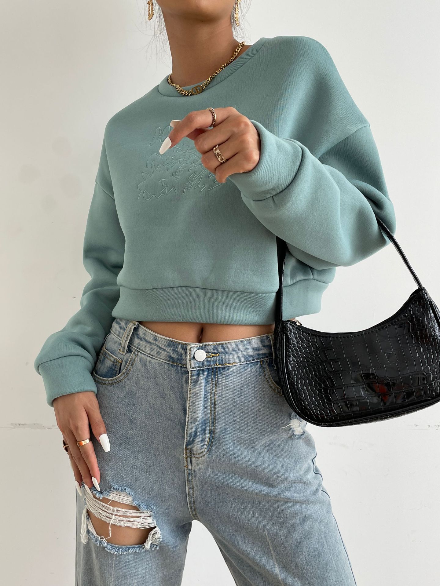 round neck embroidery drop shoulder casual pullover sweatershirt nihaostyles wholesale clothing NSGMY82666