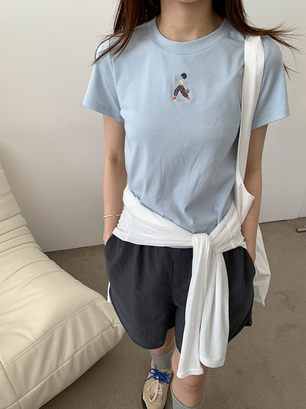 Suna 韓国版万能ラウンドネックキャラクター刺繍シンプル半袖Tシャツレディースゆったり着痩せトップスfromanna|undefined