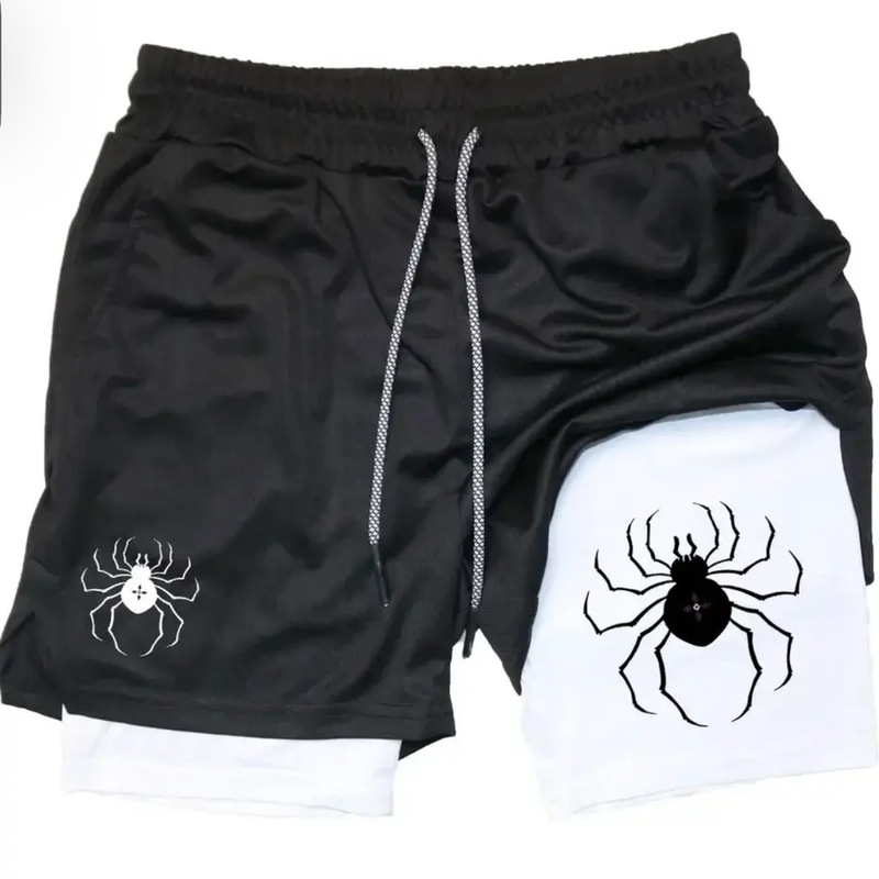2025 New European and American Dark Spider Print Men's 2-in -1 Double Shorts Fitness Running Sports Casual Pants