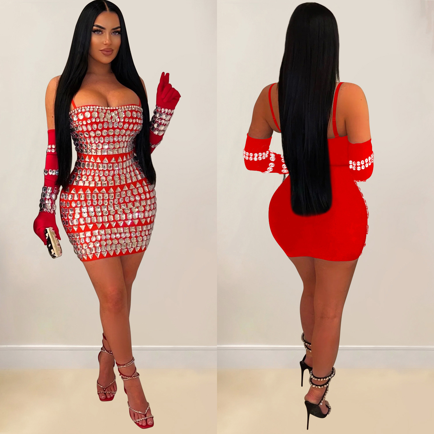 C6888 Transbordador AliExpress Amazon Moda europea y americana Vestido de falda larga con guantes de honda sexy de diamantes calientes para mujer image 4