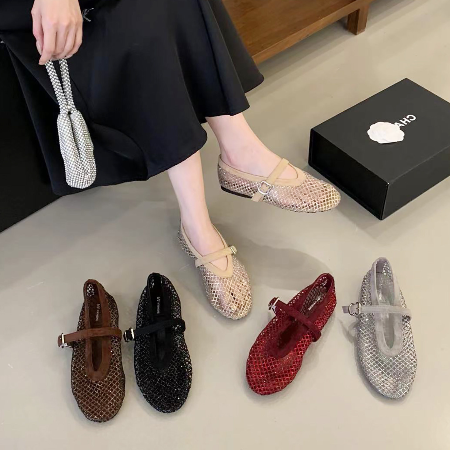 Ballet shoes, Mary Jane shoes, fishing net, sandals flat, diamond encrusted, Collection Year 2026