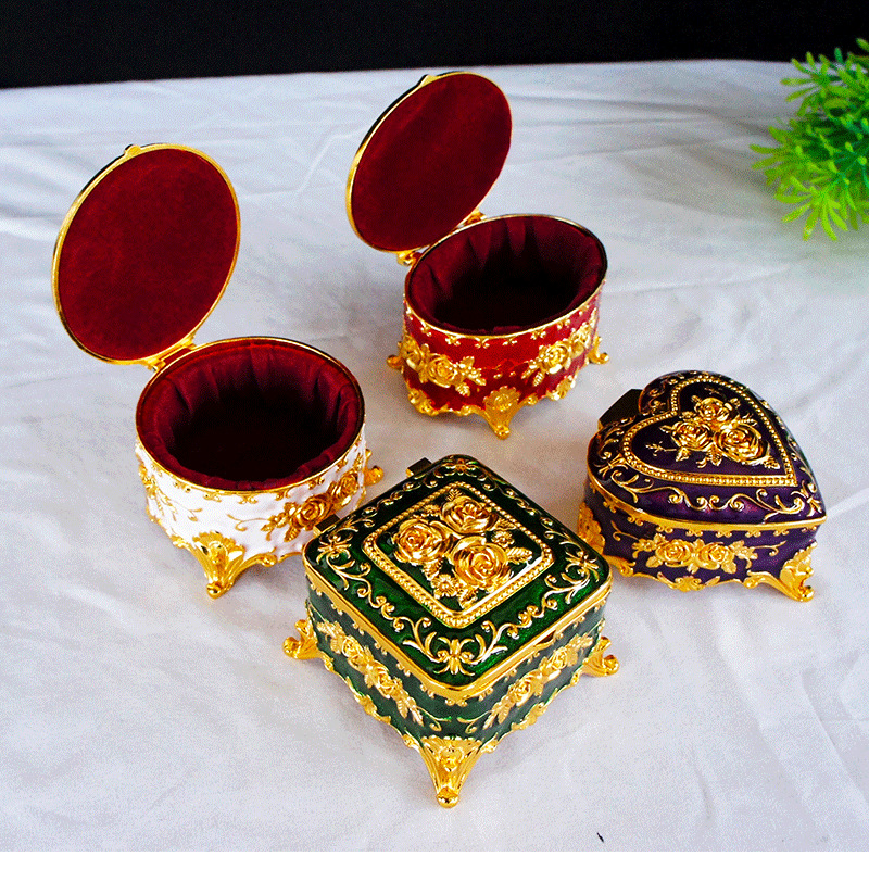 Amor creativo impreso caja de joyería para su amante Almacenamiento de escritorio retro clásico caja de joyería de aleación de zinc