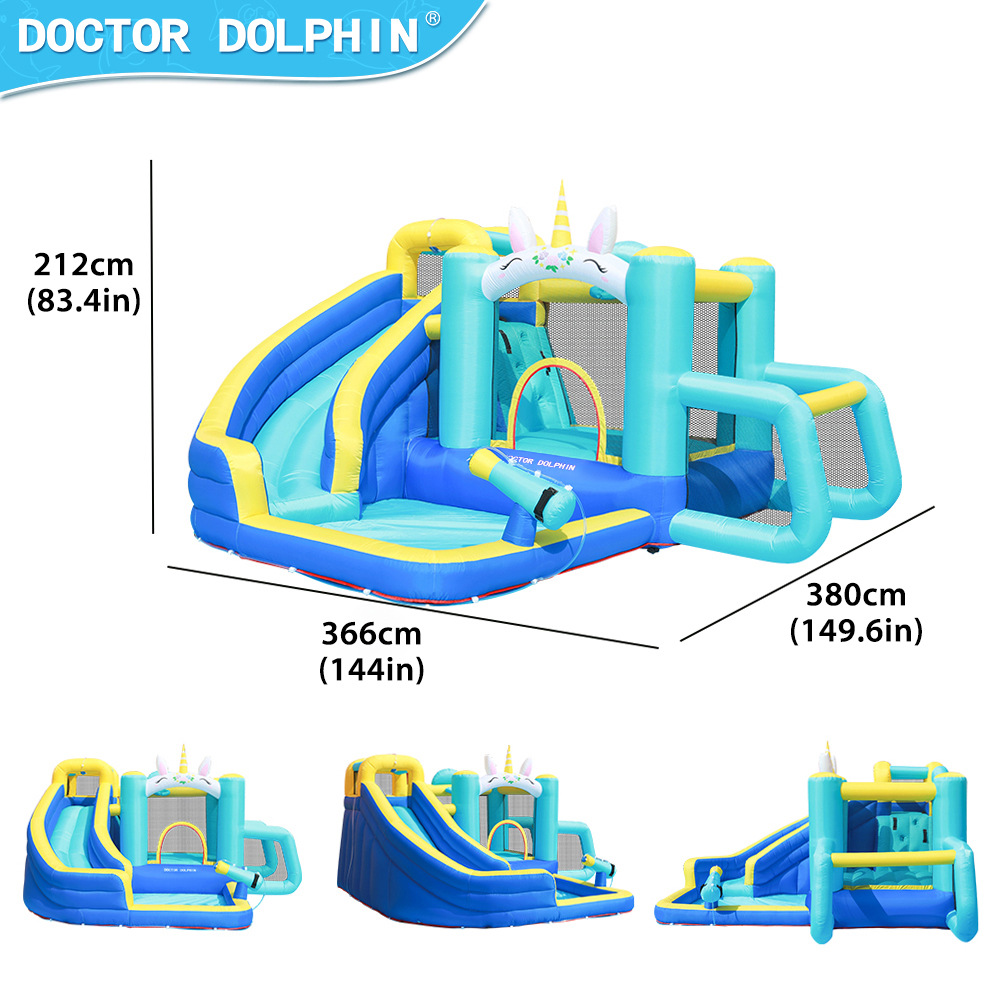 Dr. Dolphin | Parque acuático pequeño para niños, tobogán de castillo inflable para niños en casa, tobogán de agua combinado, cama de salto