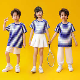 元旦儿童海军演出服 蓝白条纹短袖t恤男童女童海魂衫幼儿园小学生