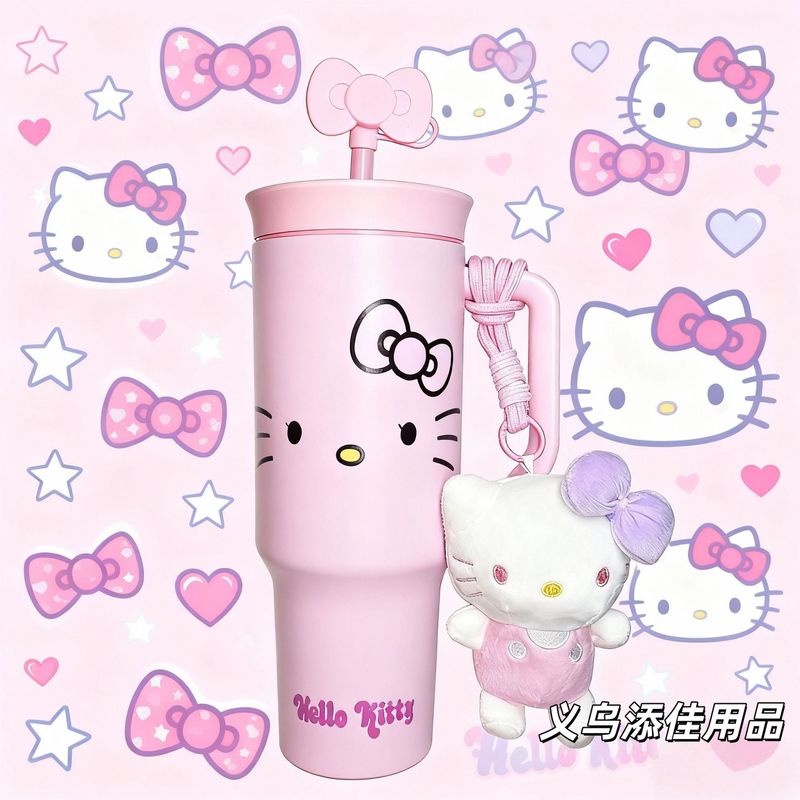野兽派欧阳娜娜同款黑皮豹纹HelloKitty巨无霸保温吸管不锈钢水杯|undefined