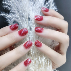 B381 Berry Cat Eye Wear Nail Handmade High-End Cat Eye Laser Manicure Finished Factory Fake Nail Patch Short Style