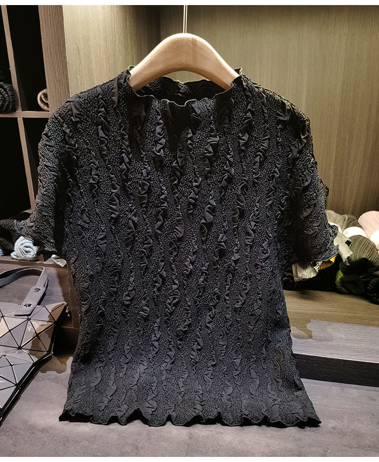 Áo thun nữ tay ngắn cổ tròn phối ren hoa nổi cao cấp — màu đen, Xanh lá cây nhạtcolor, màu tím nhạt, màu mơ chi tiết 17