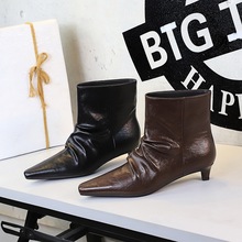 2887-2 Retro Fashion Boots Women's Thin Heel Pointed Short Tube Folded Stacked Boots Skinny Boots French Martin Short Boots