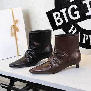 2887-2 Retro Fashion Boots Women's Thin Heel Pointed Short Tube Folded Stacked Boots Skinny Boots French Martin Sho