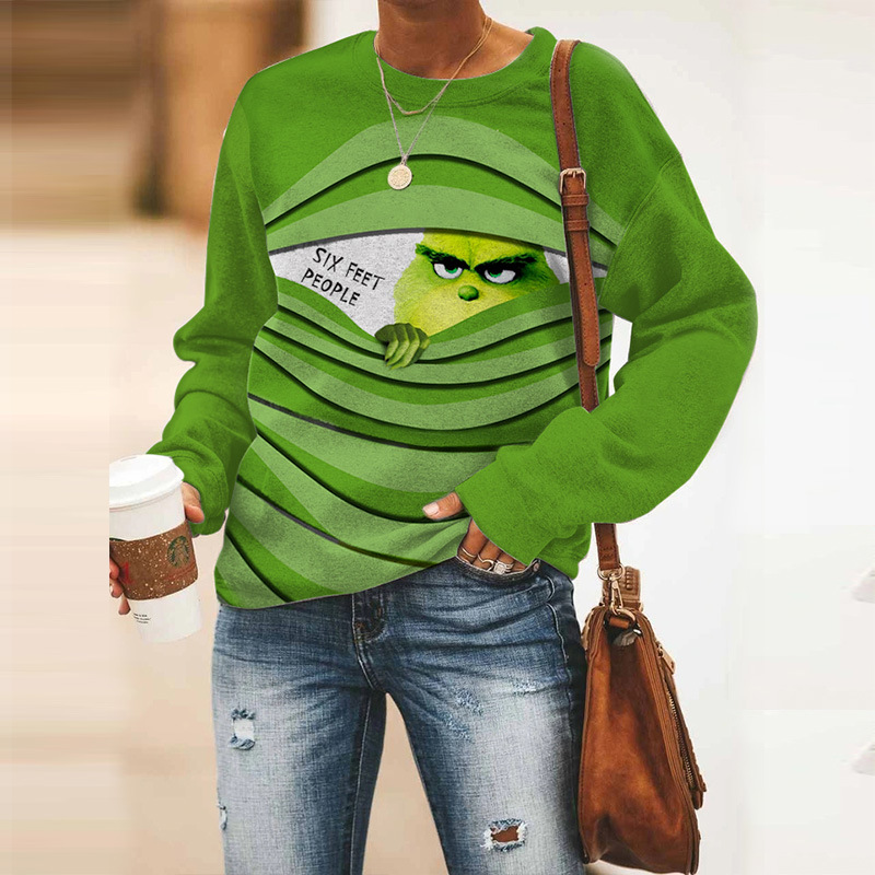 Comercio exterior de Europa y los Estados Unidos prendas de vestir de mujer impresas de manga larga ocio extraño verde monstruo otoño invierno camiseta de Navidad camiseta superior base