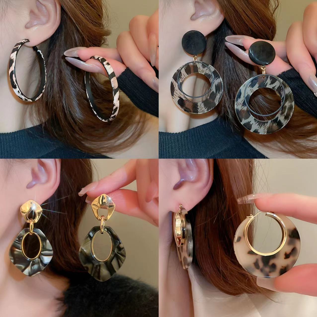 真金电镀银针豹纹星星圆圈耳环欧美潮流设计感耳坠气质氛围感耳饰详情5