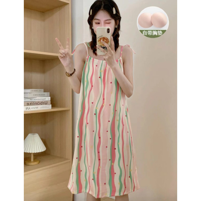 Verano nuevo vestido de dormir de mujer falda media estofado de pecho arco iris de dopamina línea dulce simple vestido casero casual al por mayor