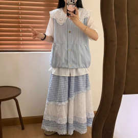 夏季新款日系清新蓝白格纹拼接半身裙女 蕾丝花边宽松大摆 A 字中