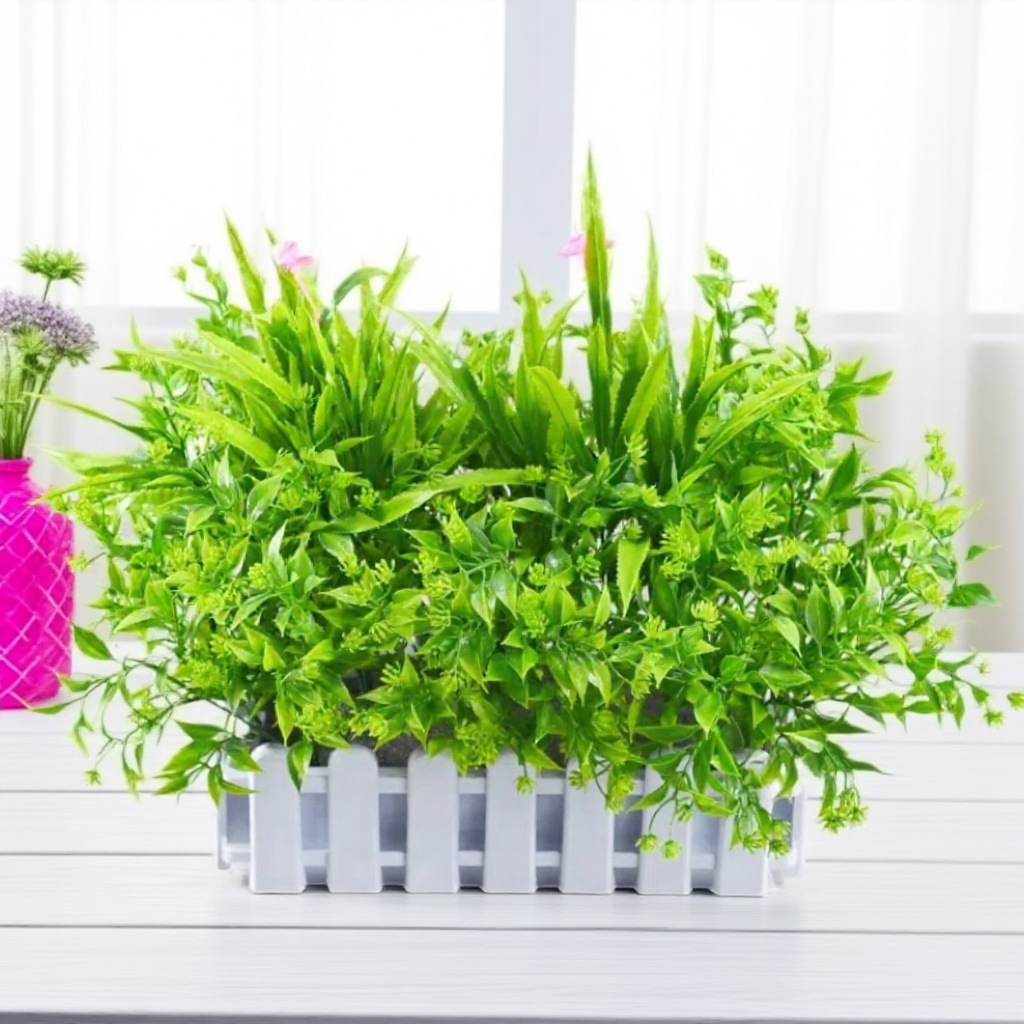 Sala de estar, cubierta de alféizar de la ventana, decoración de plástico, valla de flores falsas, decoración de plantas, decoración de hierba de hoja de bambú de 5 tenedores, simulación de decoración, planta verde