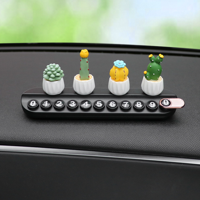 Suculentas plantas en macetas, placas de matrícula de estacionamiento temporal, teléfonos de automóviles, placas de matrícula en movimiento, tarjetas de transferencia de automóviles, adornos de accesorios se pueden ocultar