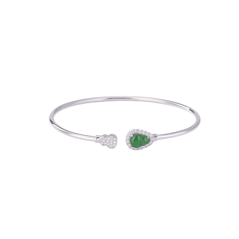 Vòng tay bạc S925 đính ngọc bích nước xanh phong cách Trung Quốc cổ điển họa tiết Fulu Bầu mở đơn giản — Mẫu ngọc bích nước xanh