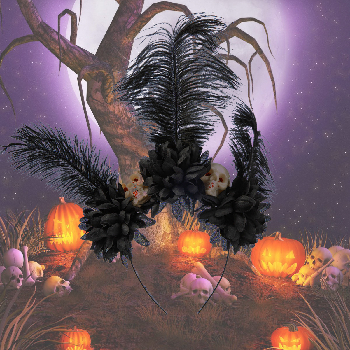 Halloween simulation rose headband skull ghost hand niche personality headband Gothic girl dark hair accessories_voghion.com