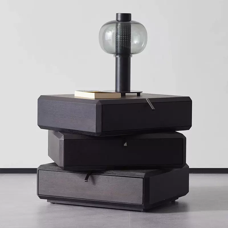 旋转床头柜简约现代卧室床边柜轻奢高级感实木柜子意式极简黑色柜