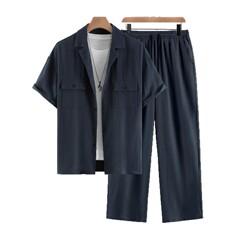貿易メンズ半袖シャツスーツ四季ベーシック紳士服メンズ服ラペルシャツとズボンの2点セット