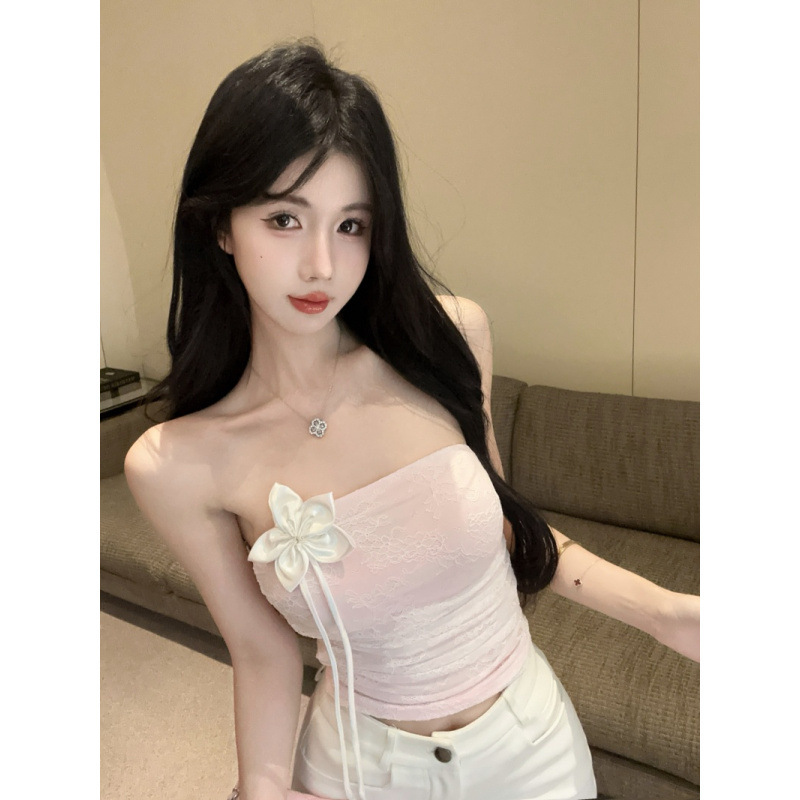Pure Desire Sweet and Spicy Three-Dimensional Flower Lace Pleated Tube Top Vest Design Slim Fit Versatile Short Top
