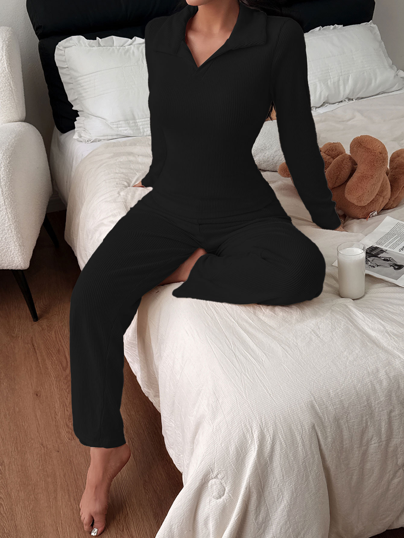 Damernas pyjamasset med polokrage och långärmad loungewear_voghion.com