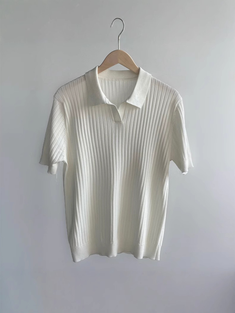 Polo de punto con cuello de gaviota Suéter de manga corta delgado europeo para hombre Suéter transpirable de seda fría Suéter Paul Cuello en v