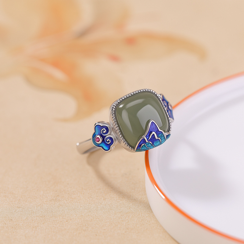 Nhẫn nam bạc S925 mạ vàng mặt ngọc bích hình Như Ý — Thanh Thủy Ngọc