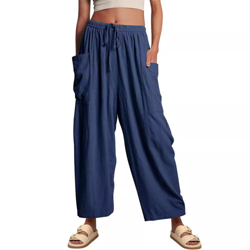 2025 Amazon TEMU Women's Fashion Elastic Waist Pleated High-Waisted Wide Leg Pants Loose Casual Cotton Linen Long Pants