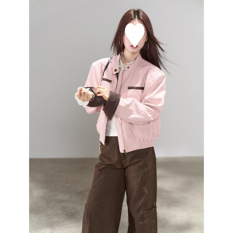 现货一颗小野莓粉色皮衣外套女年秋季新款酷飒独特超好看休闲夹克|undefined