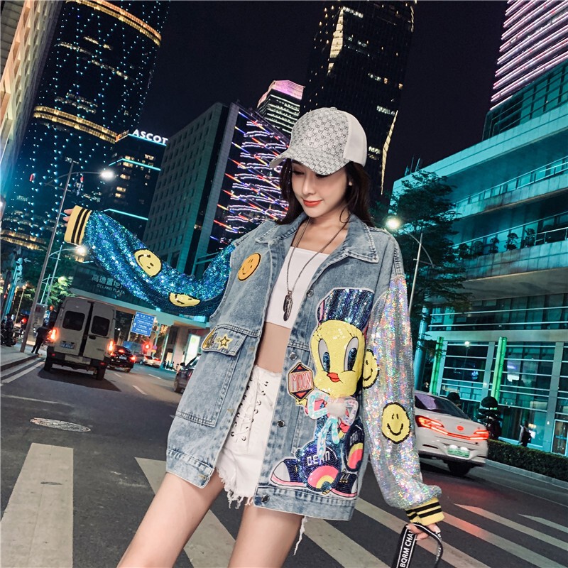 Korean Style Loose Denim Jacket for Women 2026 Spring and Autumn Cartoon Sequin Patchwork Embroidery Trendy Ins Autumn New Style Korean Style Loose Denim Jacket for Women 2026 Spring and Autumn Cartoon Sequin Patchwork Embroidery Trendy Ins Autumn New Style