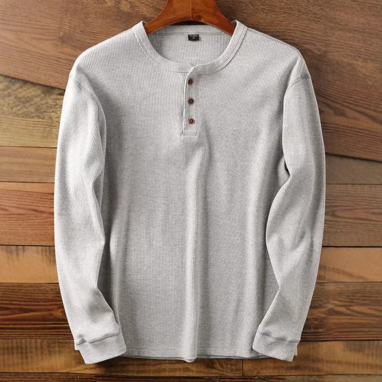 European and American Men's Long-Sleeve Waffle Casual Henley Shirt, Solid Color High-End Base Shirt, Spring Cross-Border Foreign Trade Men's Clothing European and American Men's Long-Sleeve Waffle Casual Henley Shirt, Solid Color High-End Base Shirt, Spring Cross-Border Foreign Trade Men's Clothing