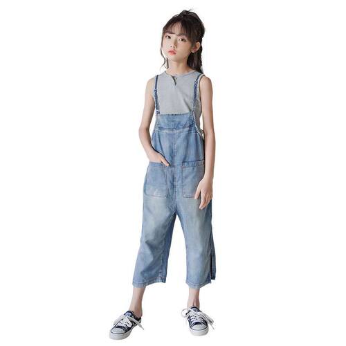 Girls overalls new summer style Korean style children's clothing girls Tencel casual children's overalls straight-leg distressed