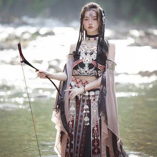 Ethnic Minority Clothing, Exotic Style Han Dynasty, Black Hani Print, Embroidered Silver Ornaments, Full Set of Studio Photo Clothing