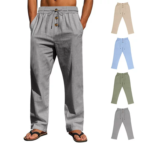 Amazon Men's Pants European and American Style Spring and Autumn New Fashion Straight-Leg Pants Cotton and Linen Drawstring Beach High-Waisted Casual Long Pants