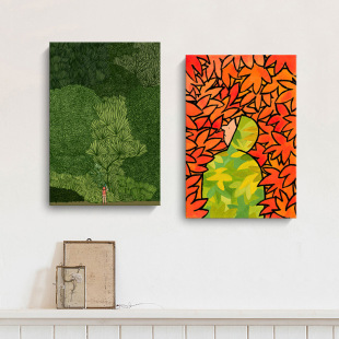 American Vintage Living Room Decorative Painting Green Forest Red Maple Leaf Niche Hanging Painting Nordic Art Hanging Painting Frameless Painting
