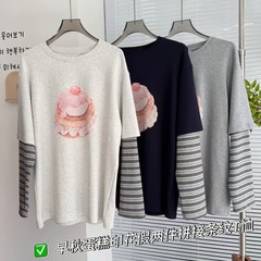 032147   秋季新品女士蛋糕印花假两件拼接条纹T恤上衣2025