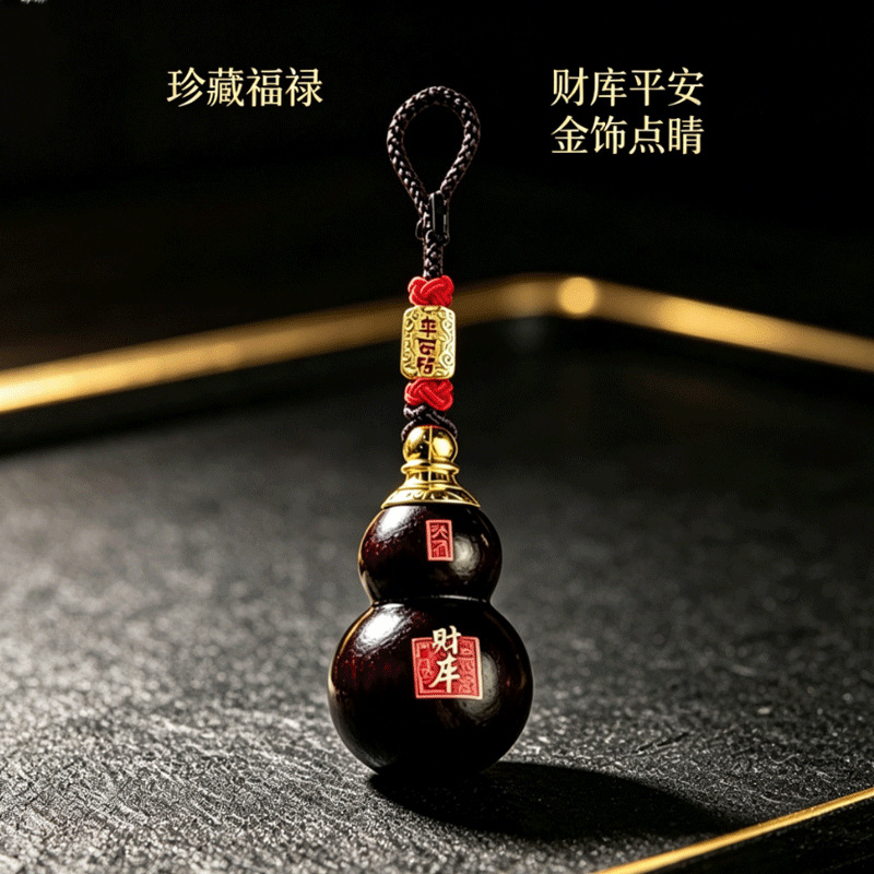 Matte solid wood treasure gourd pendant with double red knots, a bronze plaque with a gold cap, and cinnabar for good fortune.