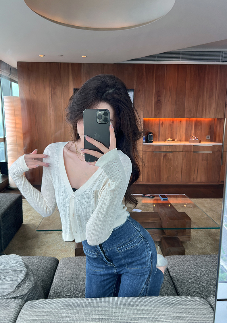 Áo cardigan nữ dệt kim mỏng chống nắng, tay ngắn, dáng suông, phối khăn choàng — Màu đen chi tiết 25