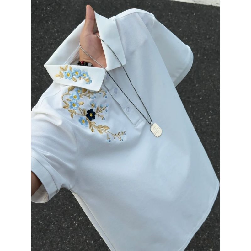 New Chinese-style golden plum blossom embroidered polo shirt for men, summer heavyweight regular shoulder turn-down collar T-shirt with a high-end feel, short-sleeved New Chinese-style golden plum blossom embroidered polo shirt for men, summer heavyweight regular shoulder turn-down collar T-shirt with a high-end feel, short-sleeved