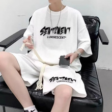 华夫格套装男生夏季青少年休闲运动装搭配帅气短裤男短袖两件套潮