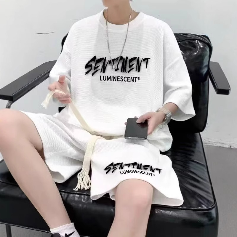 华夫格套装男生夏季青少年休闲运动装搭配帅气短裤男短袖两件套潮