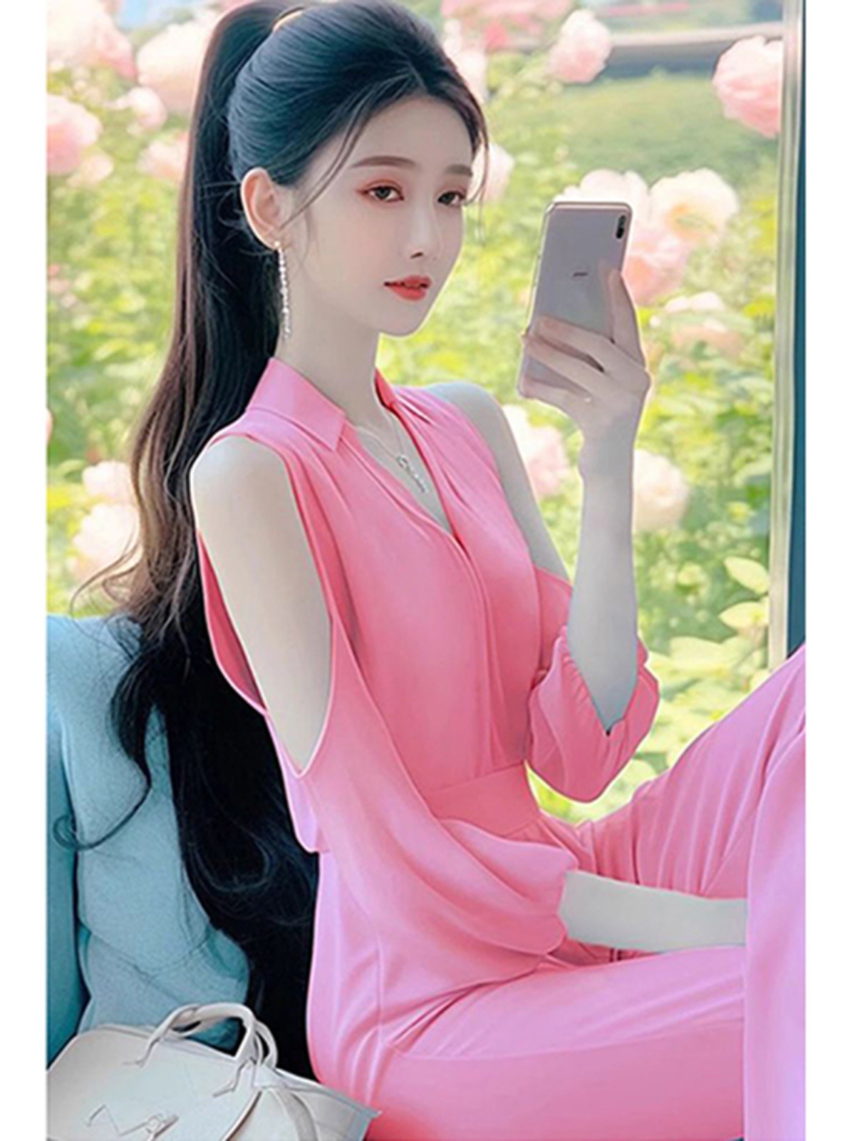 Áo liền quần jumpsuit nữ hở vai phong cách Pháp Hepburn — Màu xanh lam nhạt, Màu hồng, Màu xanh lam chi tiết 5